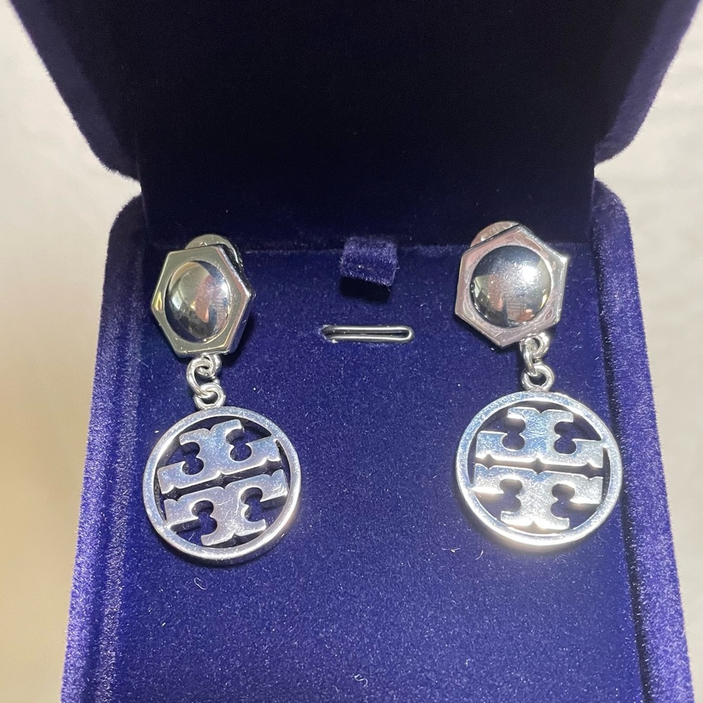Tory Burch Hexagon Double T Drop Silver Logo Earrings